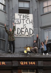 LONDON, UNITED KINGDOM - APRIL 08:  People cheer in front of a banner displaying the message 'The Witch is Dead' as they celebrate the death of former British Prime Minister Margaret Thatcher in Brixton on April 8, 2013 in London, England. Lady Thatcher has died this morning following a stroke aged 87. Margaret Thatcher was the first female British Prime Minster and governed the UK from 1979  to 1990. She led the UK through some turbulent years and contentious issues including the Falklands War, the miners' strike and the Poll Tax riots.   (Photo by Danny E. Martindale/Getty Images)